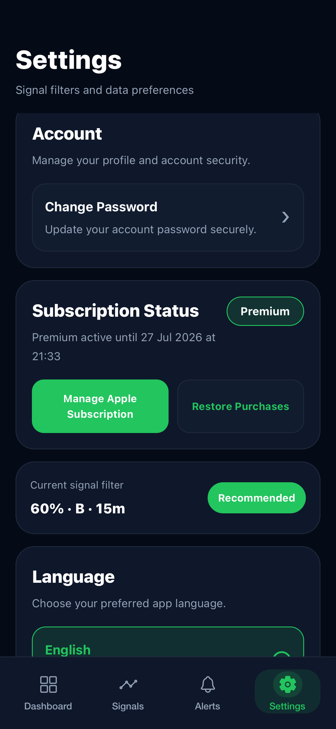 Brika settings page with account, premium status, filters and language