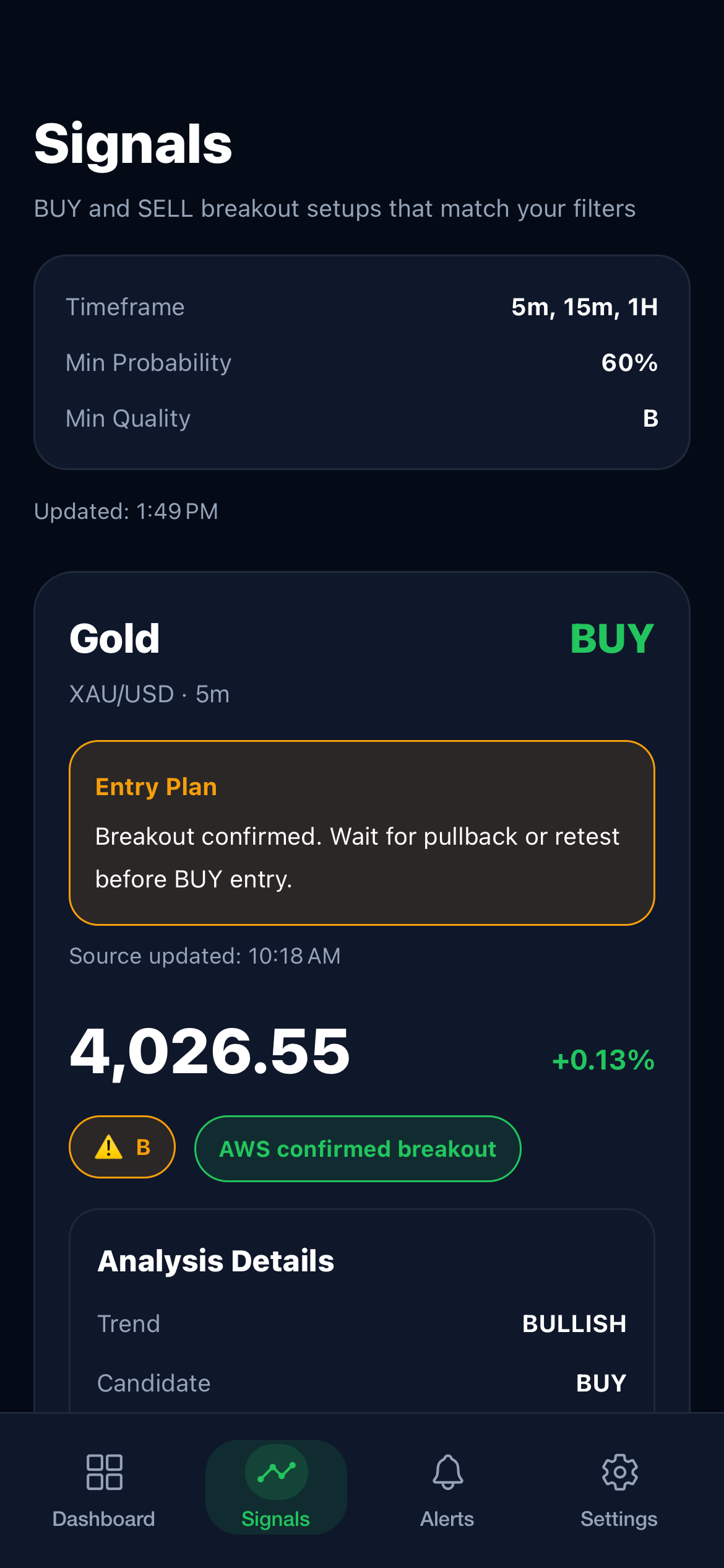 Brika signals screen showing direction, probability and analysis details